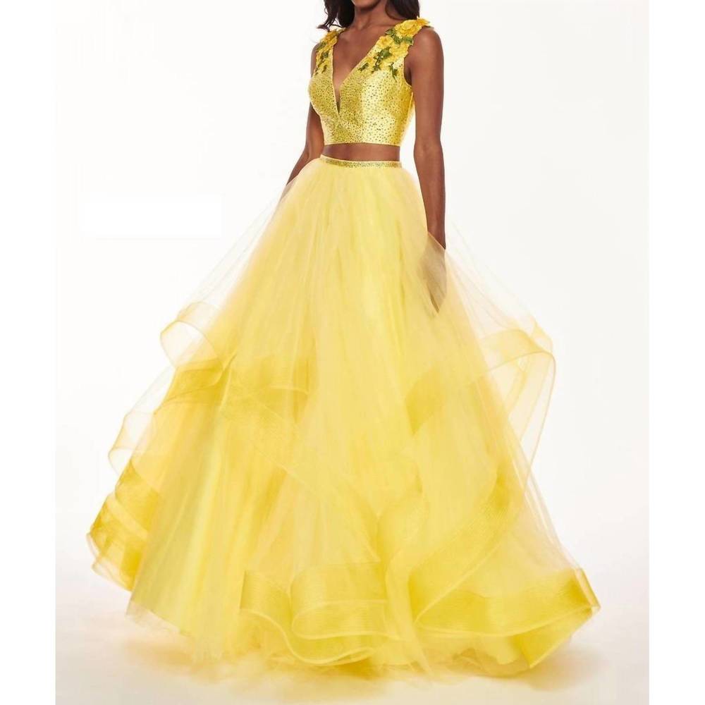 NEW RACHEL ALLAN two-piece embellished tulle gown in yellow
